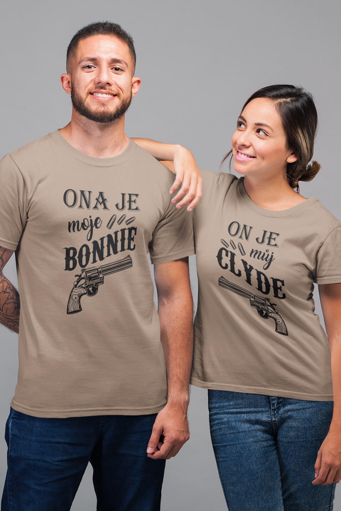 Trička pro páry Bonnie a Clyde Barva: Písková, Dámska velikost: S, Pánska velikost: 3XL