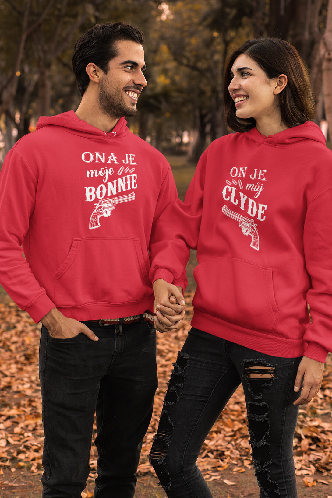 Mikiny pro páry Bonnie a Clyde Barva: Červená, Dámska velikost: XS, Pánska velikost: XL