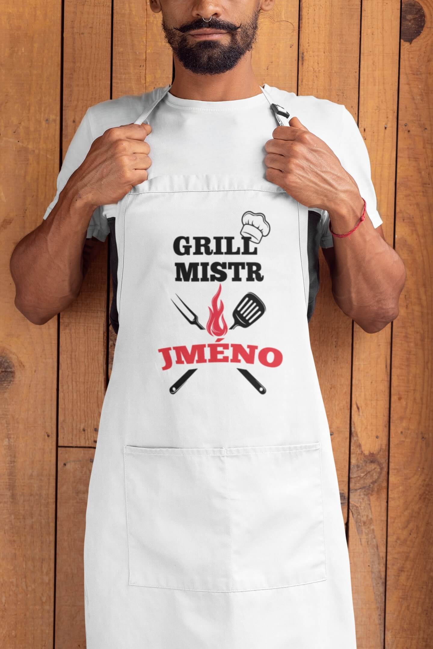 Zástěra - Gril mistr s vlastním jménem Barva: Bíla