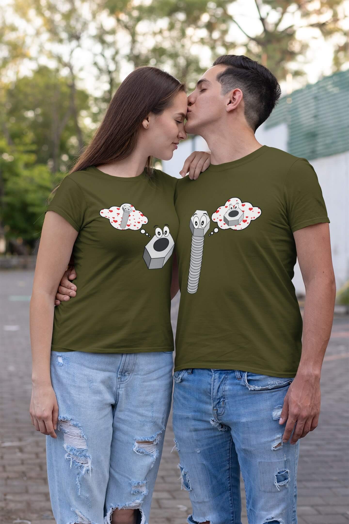 Trička pro páry Matice a šroub Barva: Khaki, Dámska velikost: XS, Pánska velikost: 4XL