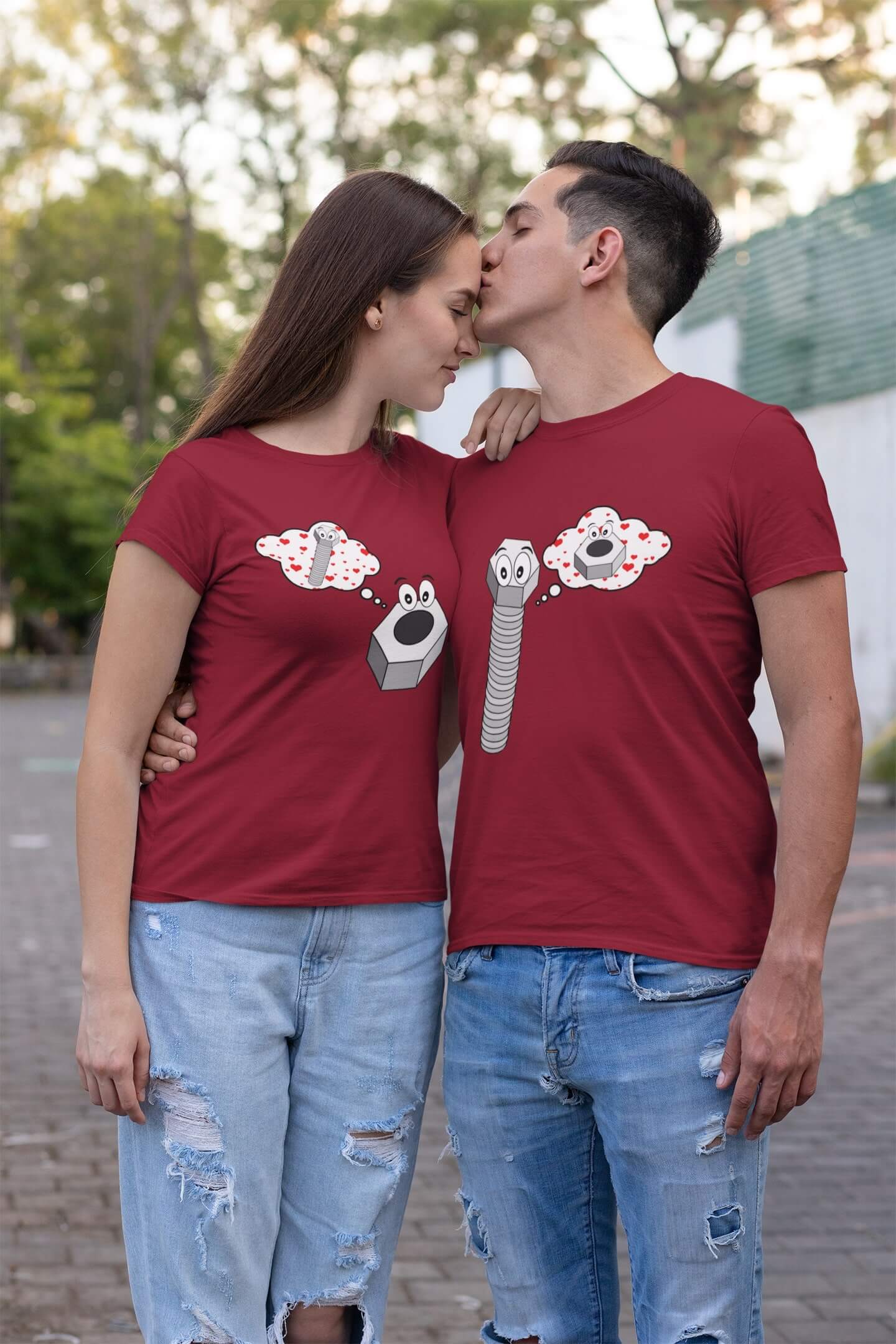 Trička pro páry Matice a šroub Barva: Marlboro červená, Dámska velikost: M, Pánska velikost: XL