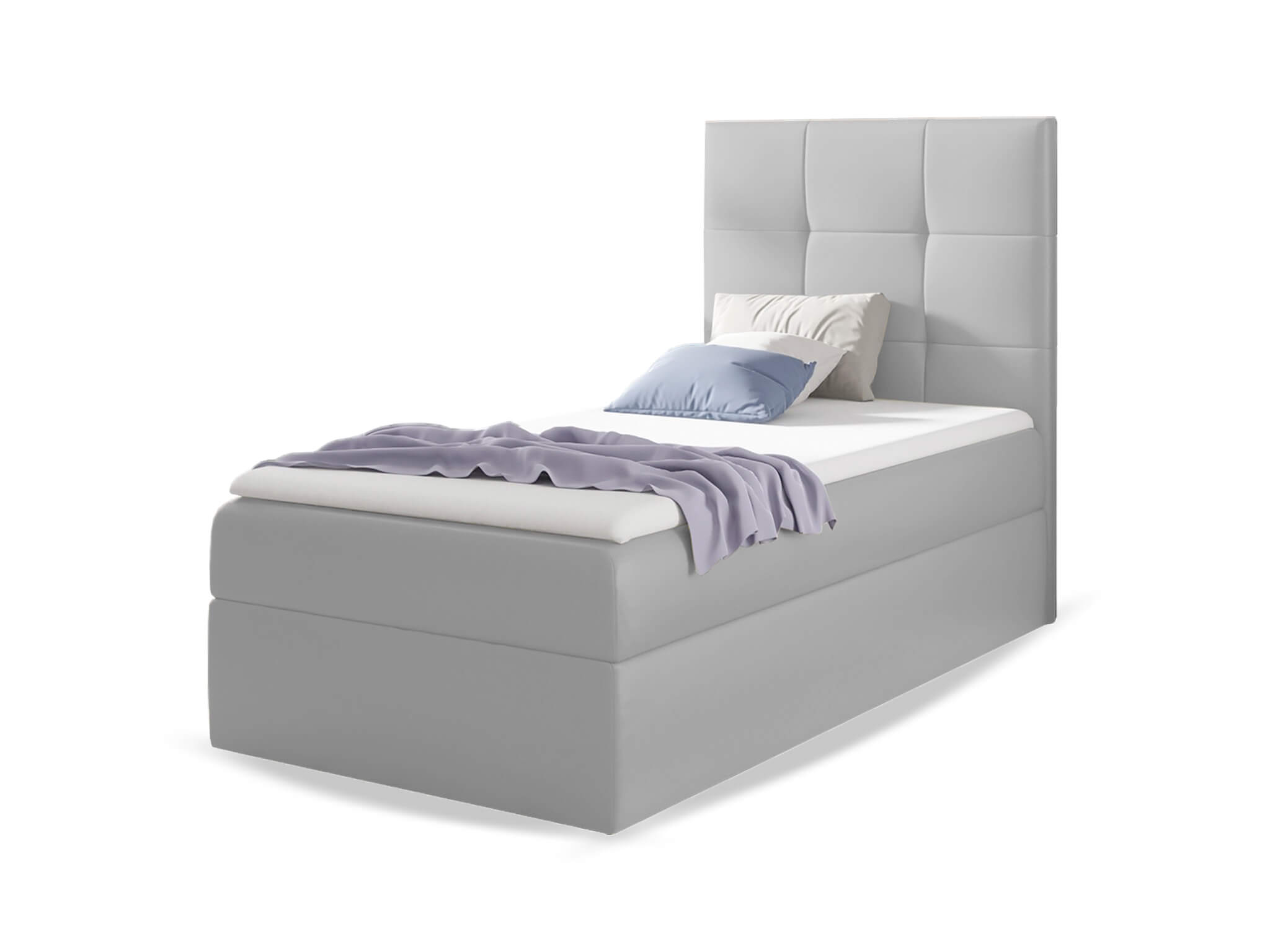 Wilsondo Mini 2 szürke ágyneműtartós boxspring ágy matraccal 90x200 Felnyitás: Balos