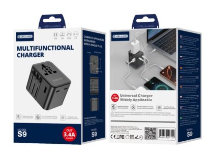 uniwersalny adapter podrozny jellico s9 pd 2xusb c 1xusb 3 4a max 2500w czarny