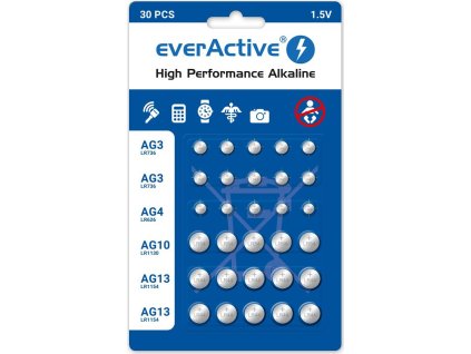 zestaw 30 sztuk baterii alkalicznych mini everactive 10 x g3 lr41 5 x g4 lr626 5 x g10 lr1130 10 x g13 lr1154
