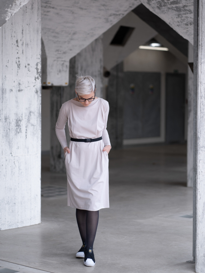 úpletové Šaty AMY dlouhý rukáv krémová