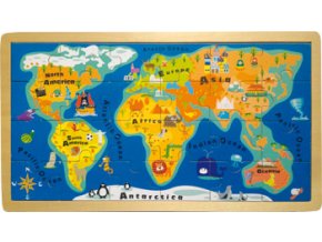 Dřevěné puzzle - jednoduchá velká mapa světa (40x22x1cm), s podkladem zn. LEGLER