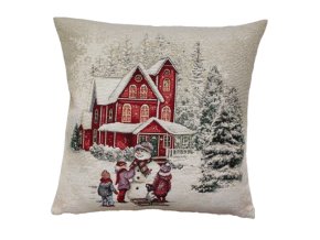 Gobelínový vánoční povlak děti staví sněhuláka