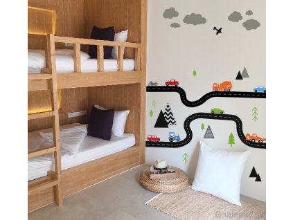 Nalepky na Stenu auta cesta bager motorka lietadlo oblaky kopce hory stromy skandinavia nordic na zelanie personalizovane enalepky