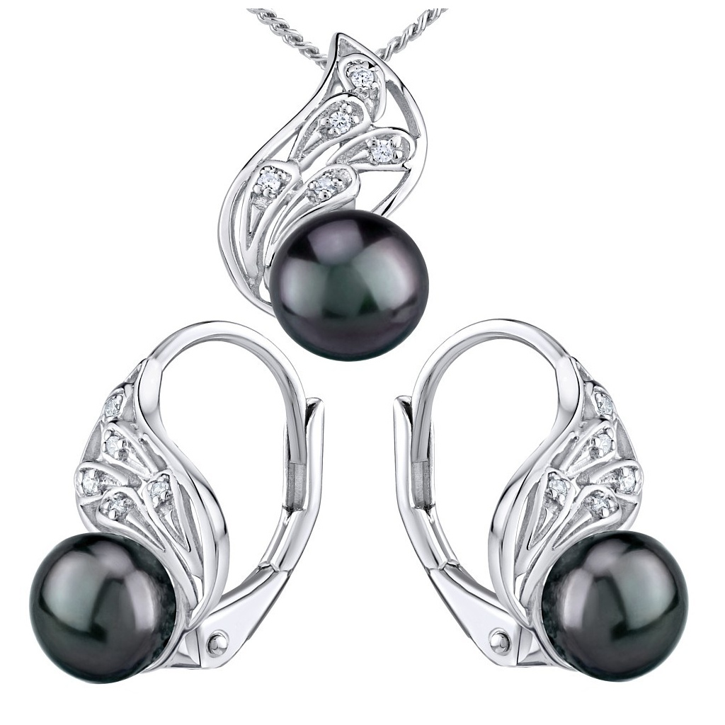 Stříbrný set šperků GENEVIE s přírodní perlou v barvě černá Tahiti náušnice a přívěsek