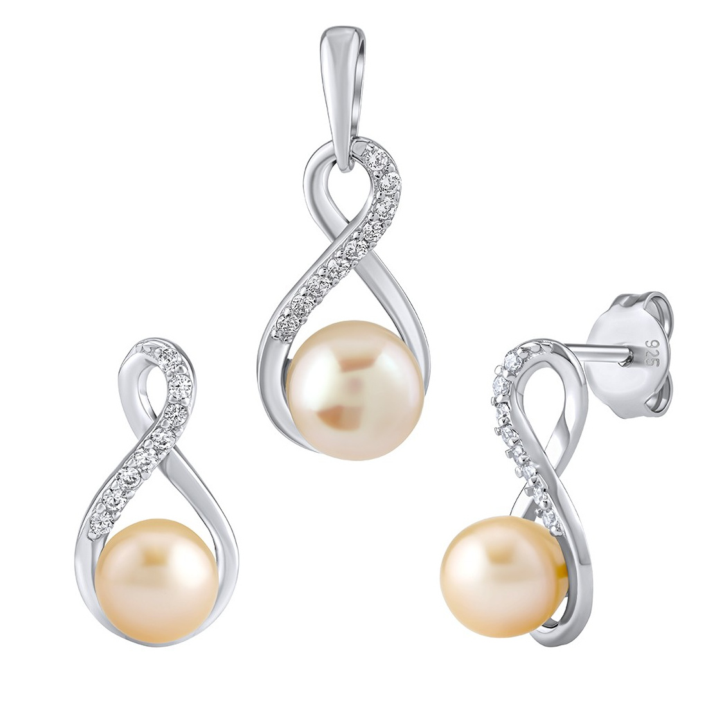 stříbrný set šperků s pravou růžovou perlou náušnice a přívěsek