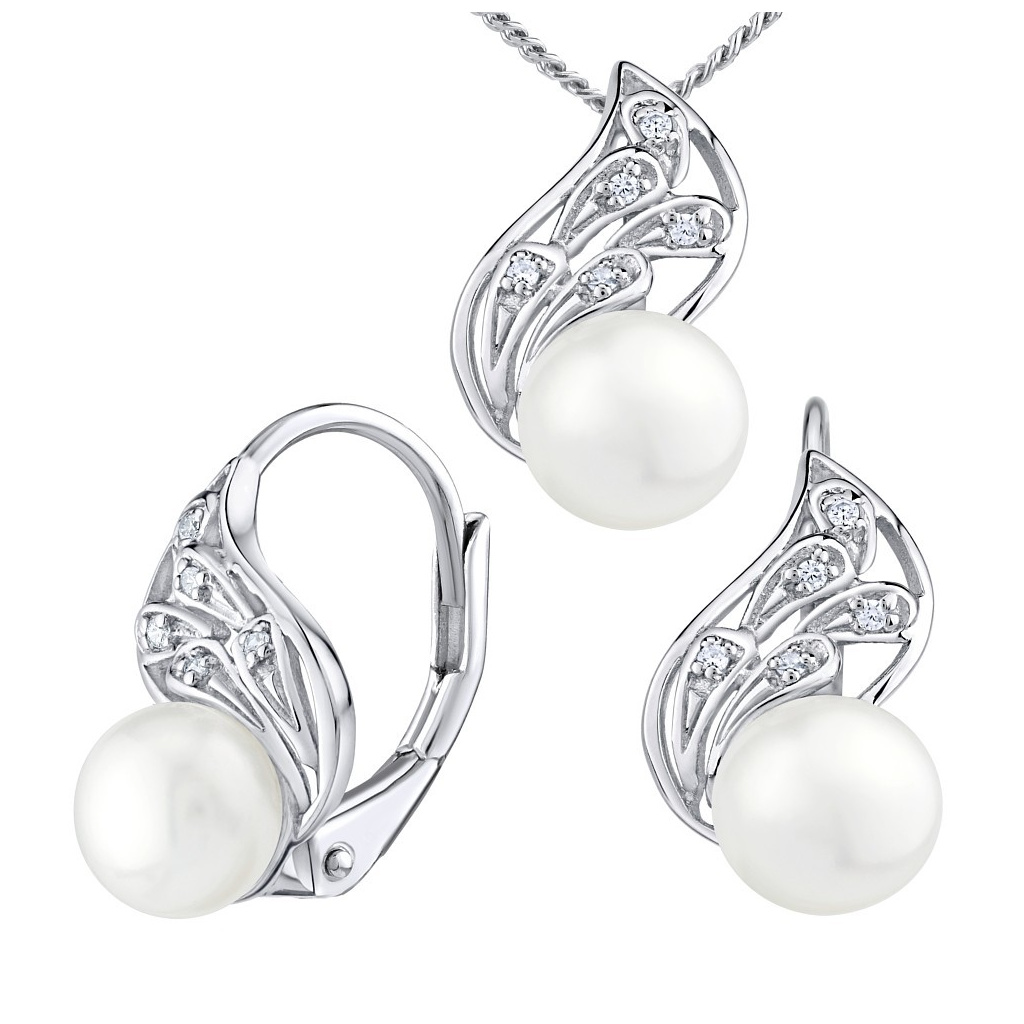 Stříbrný set šperků GENEVIE s přírodní bílou perlou náušnice a přívěsek