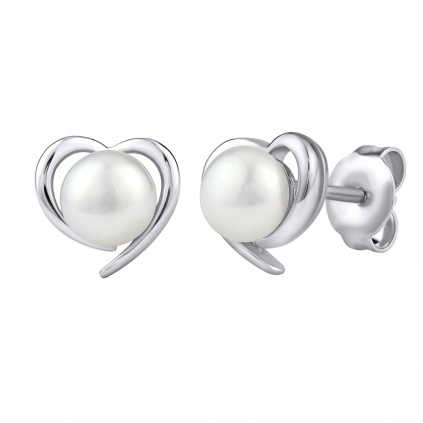 stříbrné náušnice SRDCE s bílou přírodní perlou
