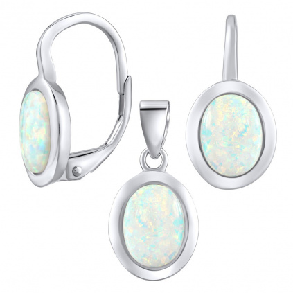 Luxusní stříbrný set šperků s bílým opálem náušnice a přívěsek