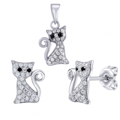 Stříbrný set šperků kočka Bessie s Brilliance Zirconia náušnice a přívěsek