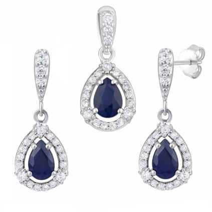 Stříbrná souprava šperků náušnice a přívěsek s přírodním safírem a zirkony