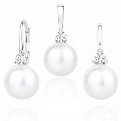 Stříbrný set Justine s přírodní bílou perlou - náušnice a přívěsek
