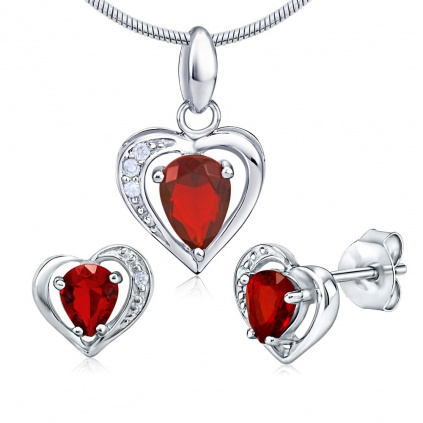 Stříbrná souprava pro ženy červené srdce JJJS157