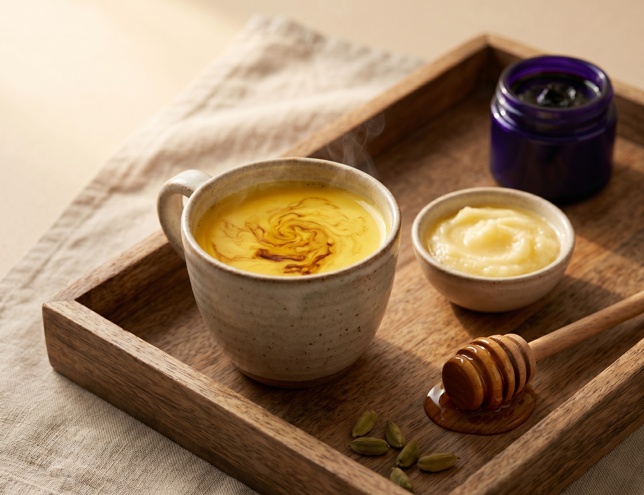 Tradiční ranní rituál s mumiem – sklenice s teplým mlékem, ghí a medem