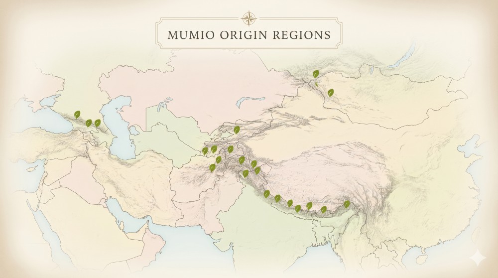 Mapa oblastí výskytu mumia: Himálaj, Altaj, Kavkaz, Karákóram