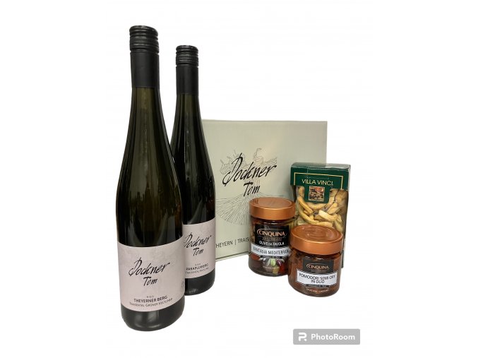 Grüner Veltliner a Riesling Dockner a olivy s papričkou sušená rajčata taralli krabice