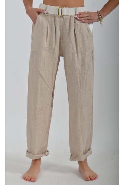 Béžové lněné kalhoty ES2067