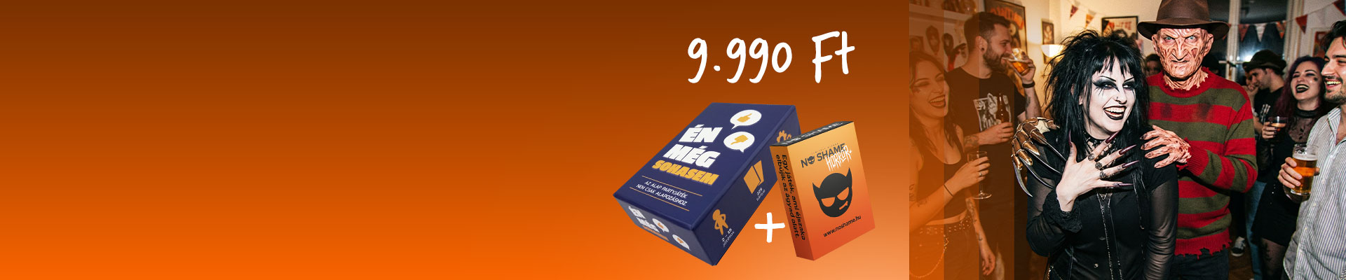 Én Még Sohasem és No Shame Horror játékok egy házibuli életképpel.