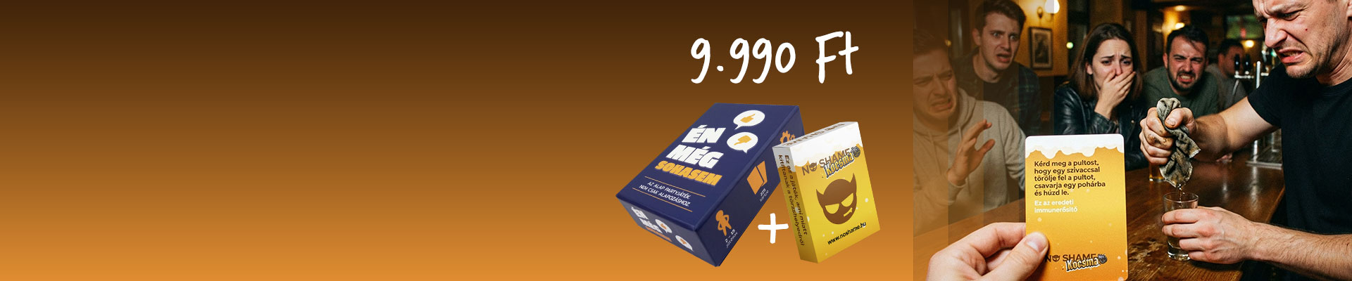Én Még Sohasem és No Shame Kocsma játékok egy házibuli életképpel.