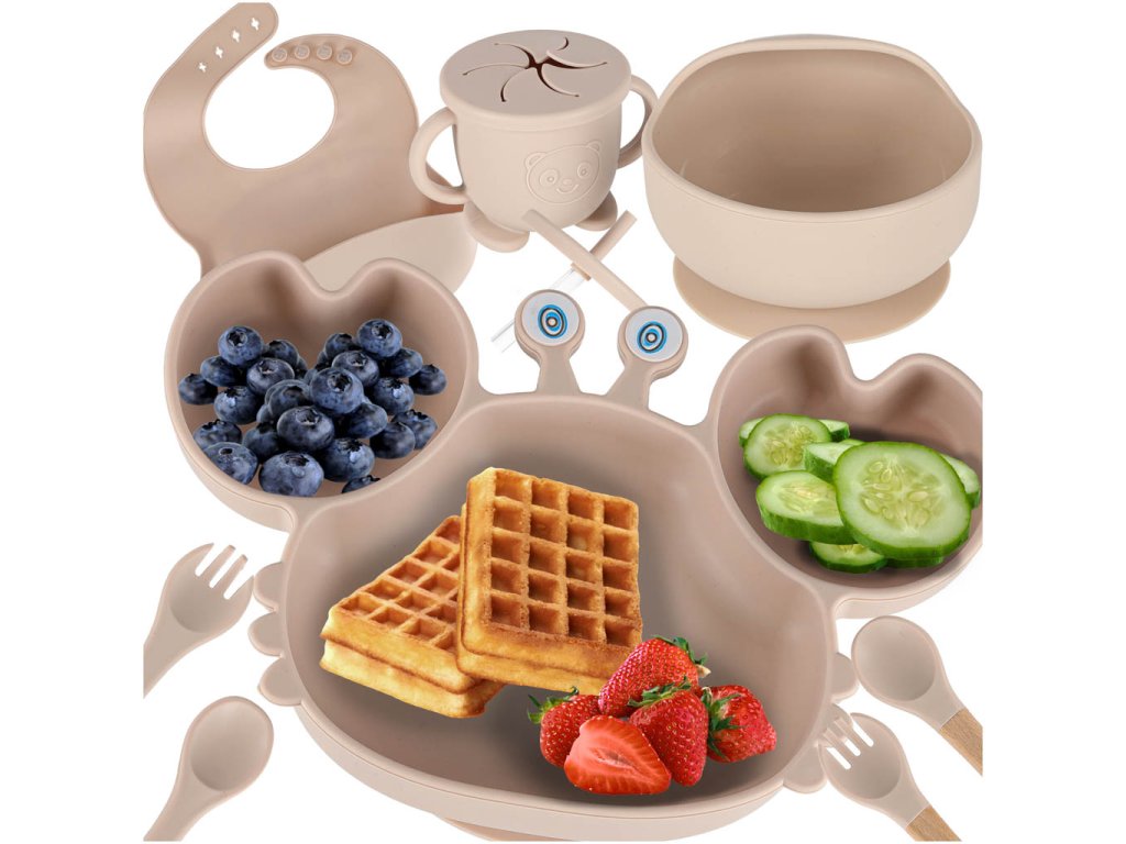 Naczynia silikonowe dla dzieci niemowlat krab zestaw 9 elementow bezowe 176356