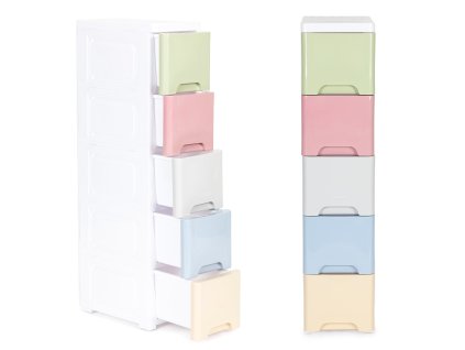 164585 detsky regal na kolieskach s 5 farebnymi zasuvkami