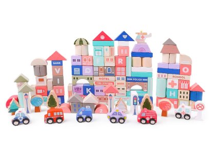 Vzdělávací dřevěné kostky město s podložkou 115 ks ECOTOYS