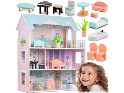 Velký třípatrový dřevěný domeček pro panenky Ricokids RK-878