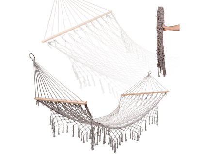Hamak ogrodowy boho siatka fredzle lezak wiszacy makrama 200cm szary 168981
