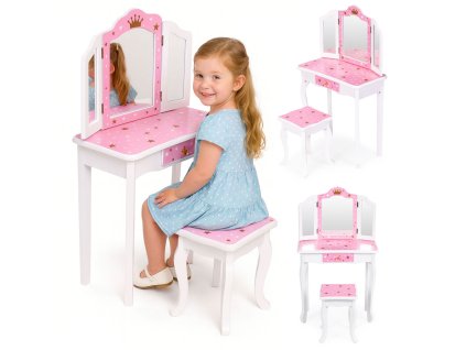 177713 detska toaletka s trojitym zrkadlom stolickou a zasuvkou