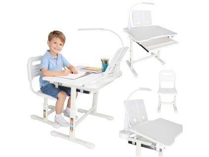 Biurko dzieciece szkolne regulowane krzeslo lampka LED USB biale 181606