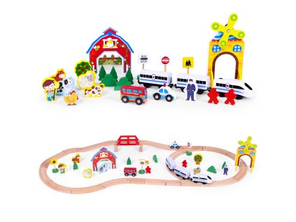 158774 9 drevena vlacikova draha na baterie farma 53 kusov ecotoys