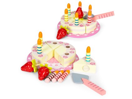 Drevený narodeninový tort so sviečkami a jahodou, 15 ks