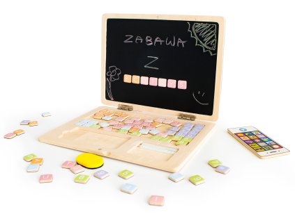 Drevený edukačný laptop ECOTOYS 2v1 – magnetická a kriedová tabuľa, 78 písmen/čísel pre 3+