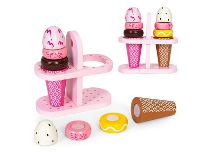 Detská drevená sada zmrzlín na suchý zips, 9 dielov so stojanom ECOTOYS 3+