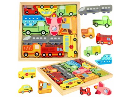 Drevené puzzle zodpovedajúce tvarom vozidiel