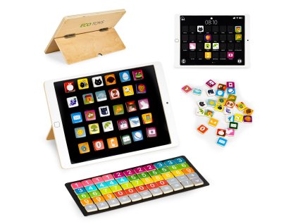 Drevený magnetický edukačný tablet, kriedová tabuľa, 55 čísel + 30 obrázkov ECOTOYS