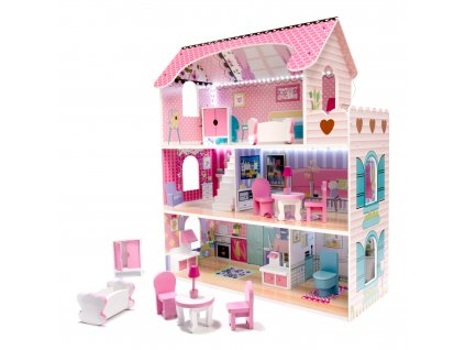 MDF dřevěný domeček pro panenky + nábytek 70cm růžový LED