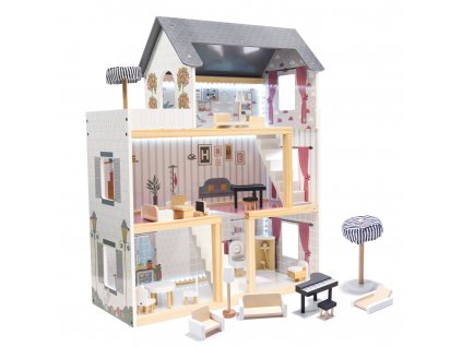 MDF drevený domček pre bábiky + nábytok 78cm čierny LED