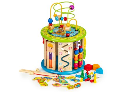 Vzdelávacia drevená kocka s hrami, kockami, rybárčením ECOTOYS
