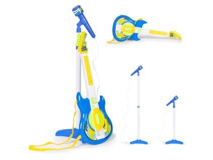 Detská elektrická gitara – súprava s mikrofónom a statívom, MP3 pripojenie, modrá, 3+