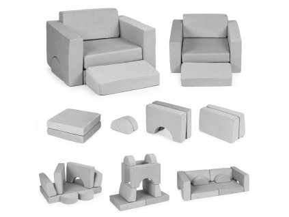 DIY modulárne detské kreslo 8 mäkkých skladacích vankúšov - sivé ECOTOYS