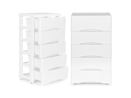 Biely mobilný regál na kolieskach s 5 zásuvkami