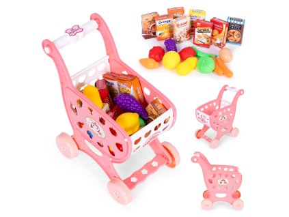 Detský nákupný vozík s 18 potravinami, ružový