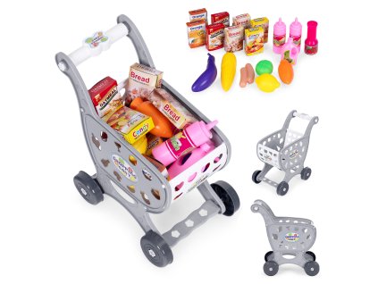 Detský nákupný vozík so 18 potravinami, sivý