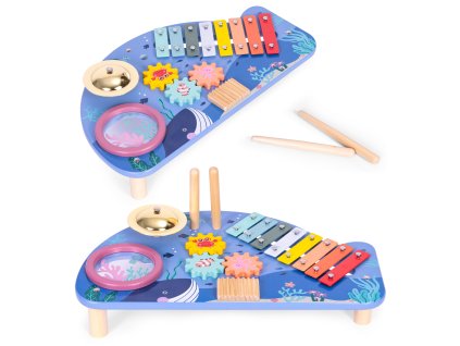ECOTOYS Drevený hudobný stolík – veľryba s 4 nástrojmi