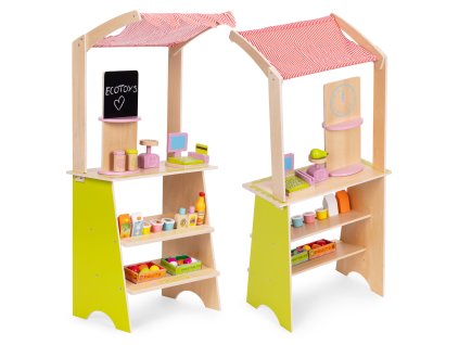 Drevený detský trh s pokladňou, váhou a 20 dielmi